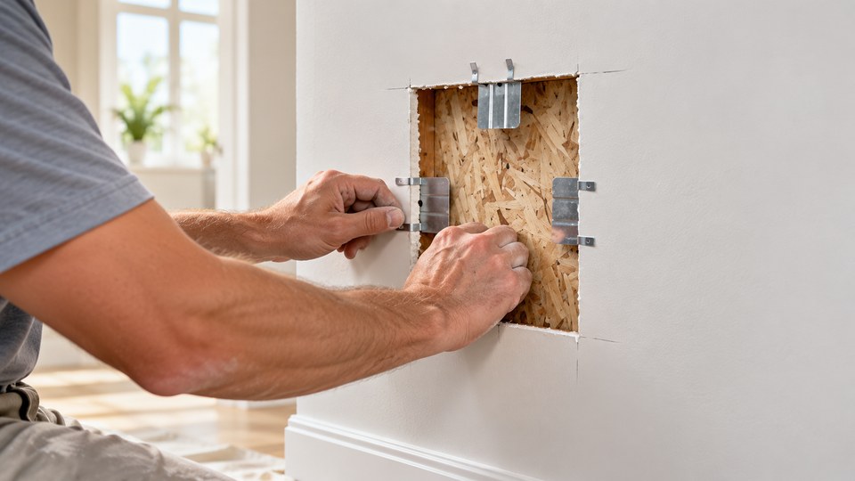 Drywall repair patch secured with metal clips