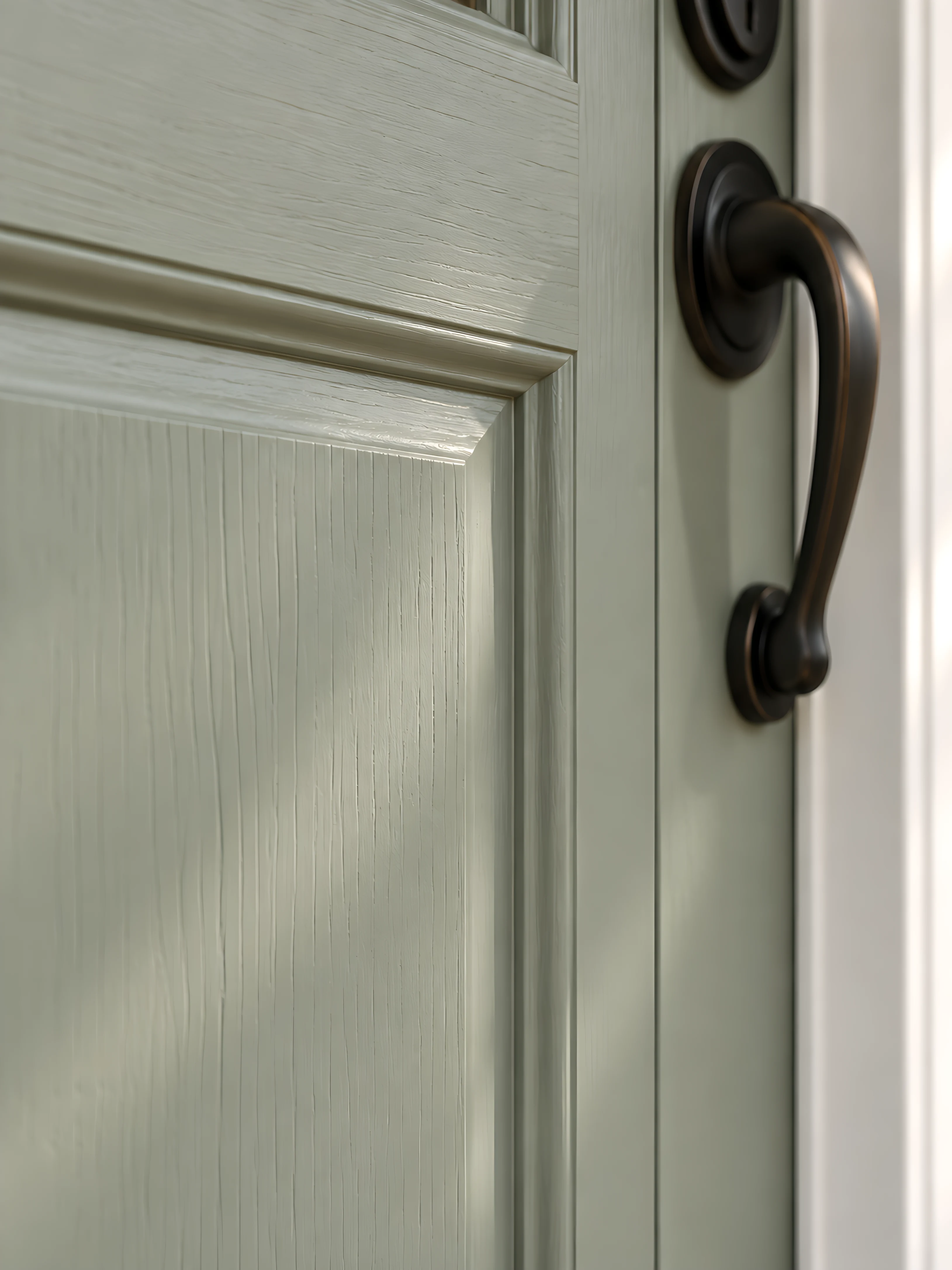 Macro detail of the sage-green front door's painted wood grain and beveled panel
