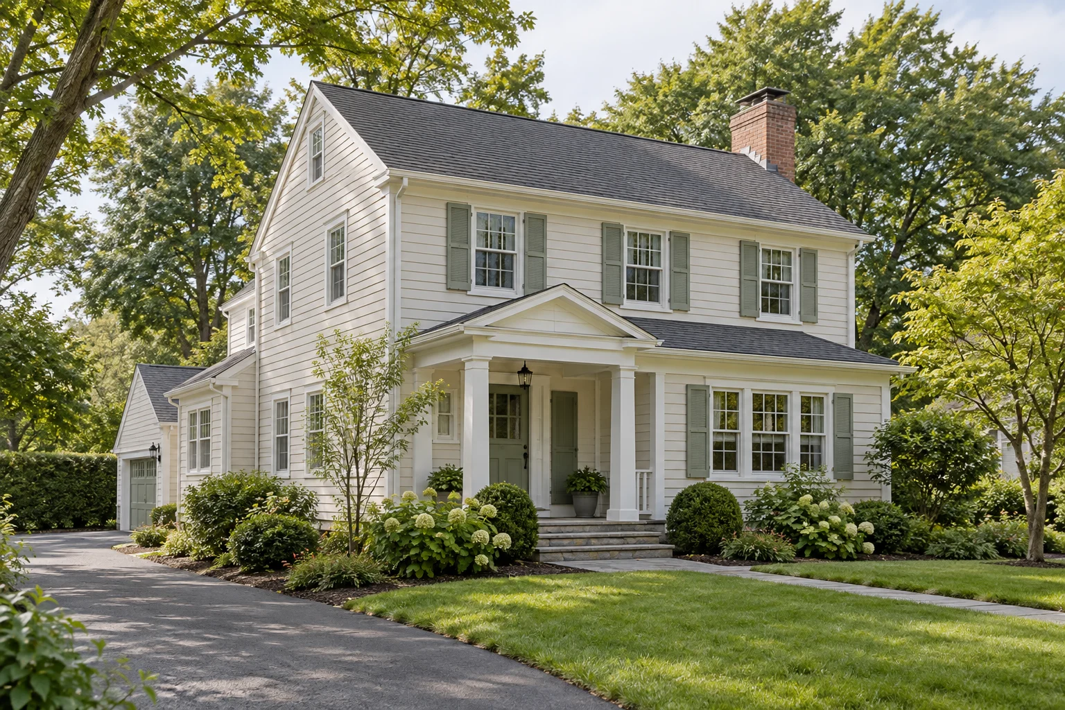 A modest American home with soft sage-green exterior accents
