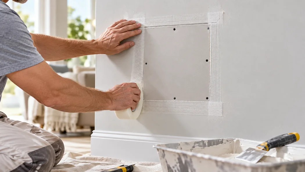 Worker applying mesh tape around a drywall repair patch
