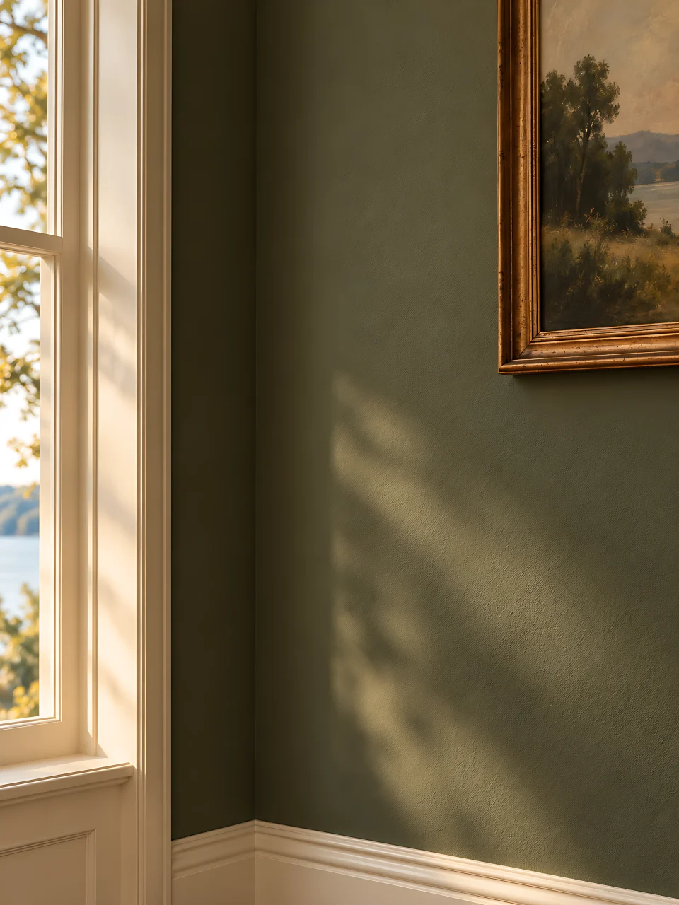 Close view of a freshly painted interior wall and framed artwork