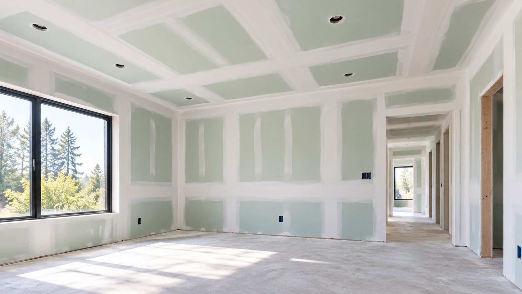 Residential room with green drywall panels and taped seams before finishing