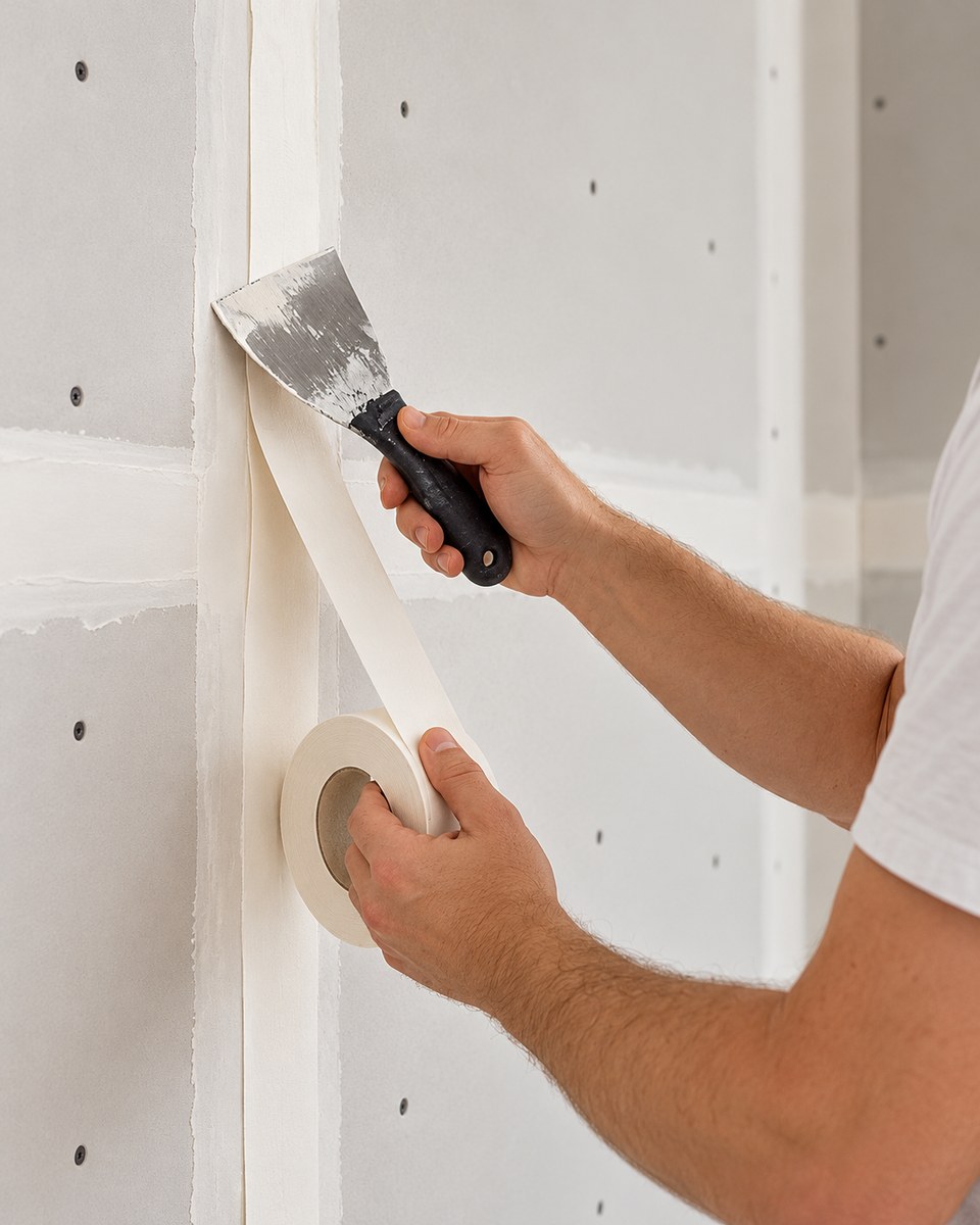 Drywall tape being applied with a knife along a wall seam